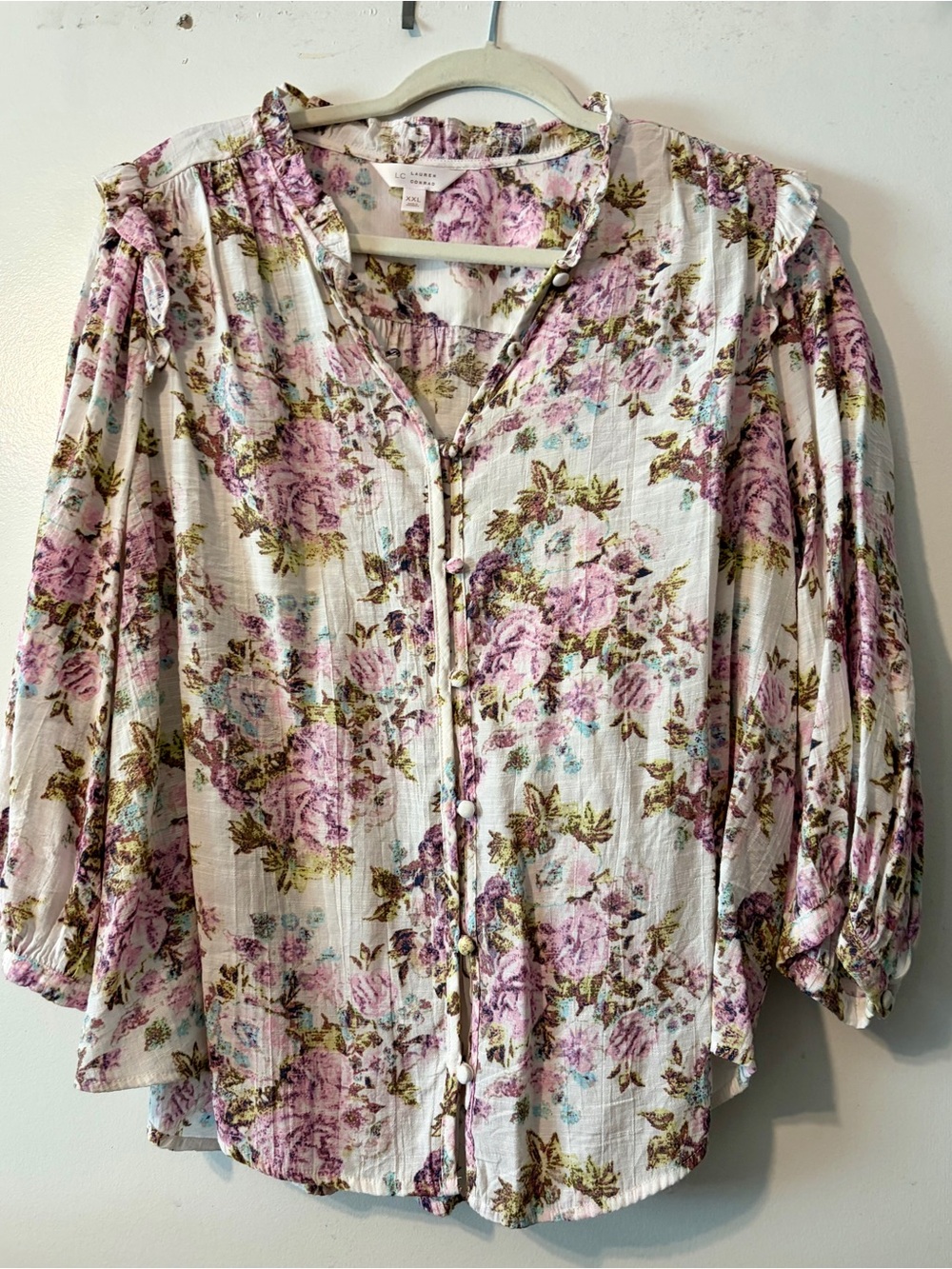 4/$25 LC Lauren Conrad Floral Button-Front Blouse in Cream and Pink
